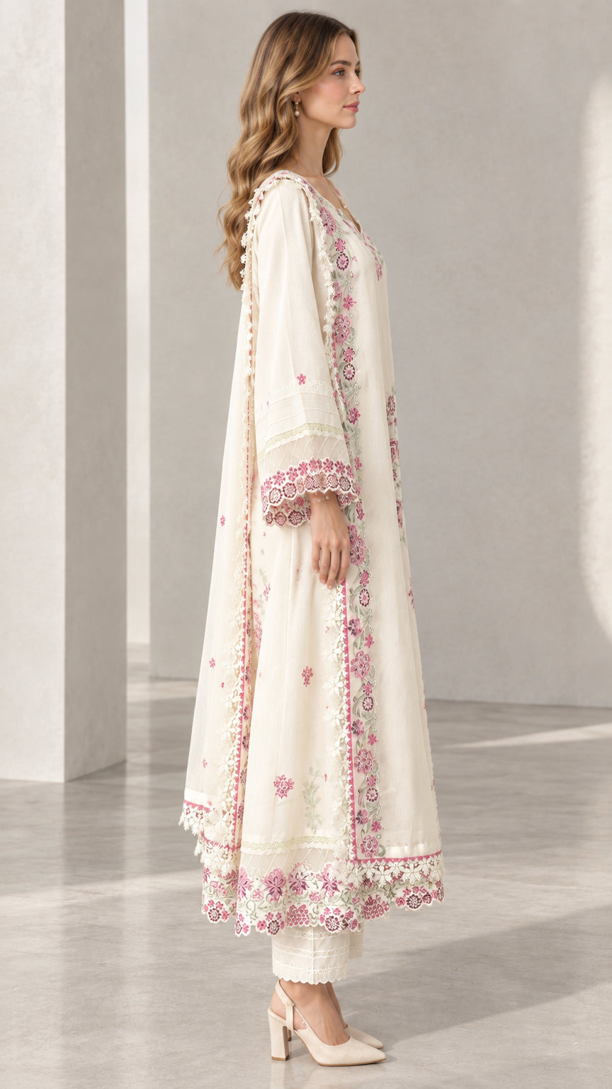 Side profile view of model wearing Cream floral embroidered tunic and matching trousers