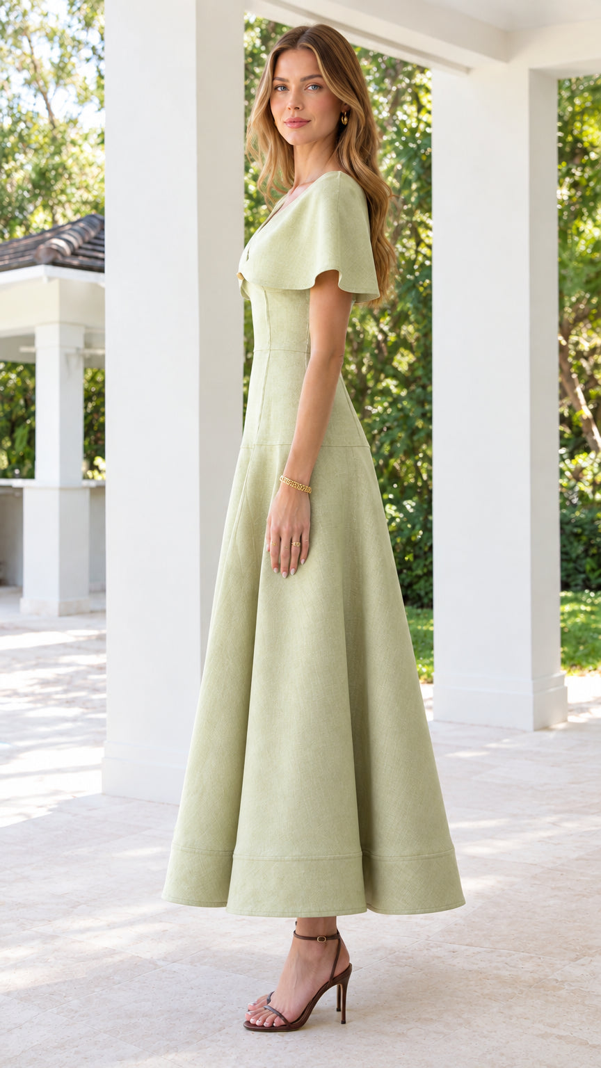 Side profile view of sage green cape collar flared midi dress
