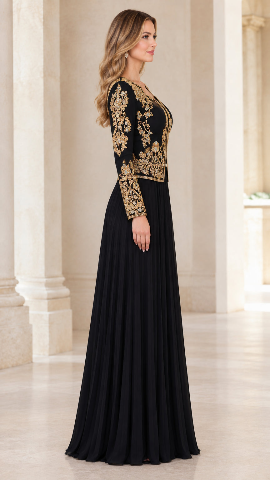 Side profile of black formal gown with gold embroidery and pleated skirt