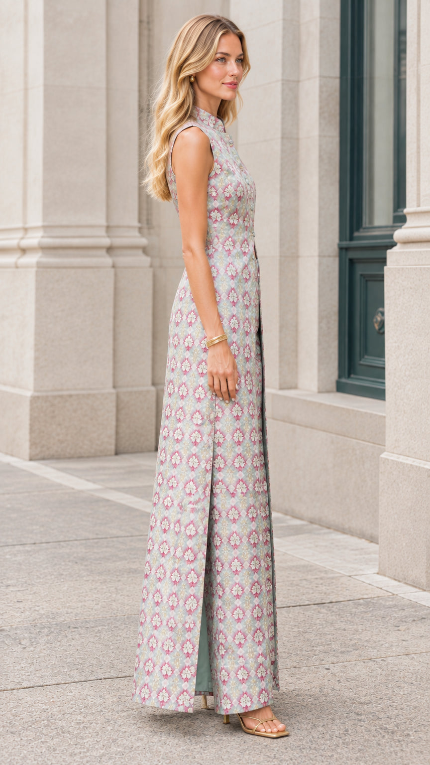 Side profile view of Sage Green mandarin collar jacquard jumpsuit showcasing longline silhouette