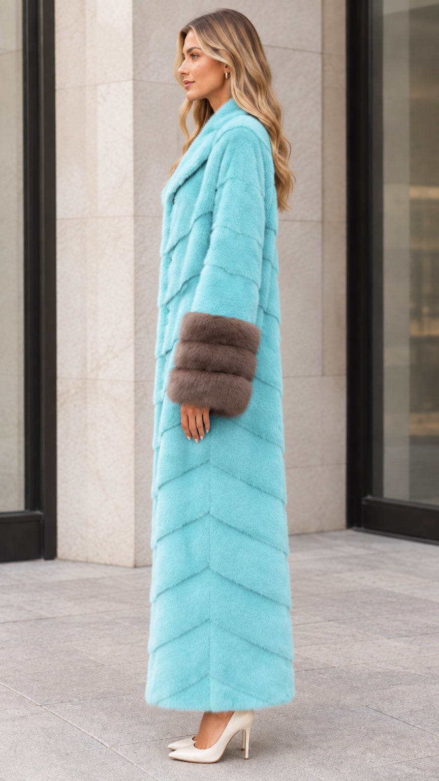 Side profile view of aqua blue long chevron faux fur coat with plush cuffs