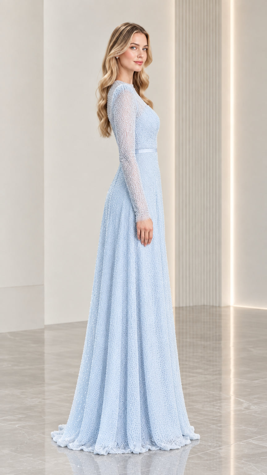 Side profile of light blue textured long sleeve maxi formal dress