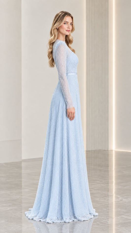 Side profile of light blue textured long sleeve maxi formal dress
