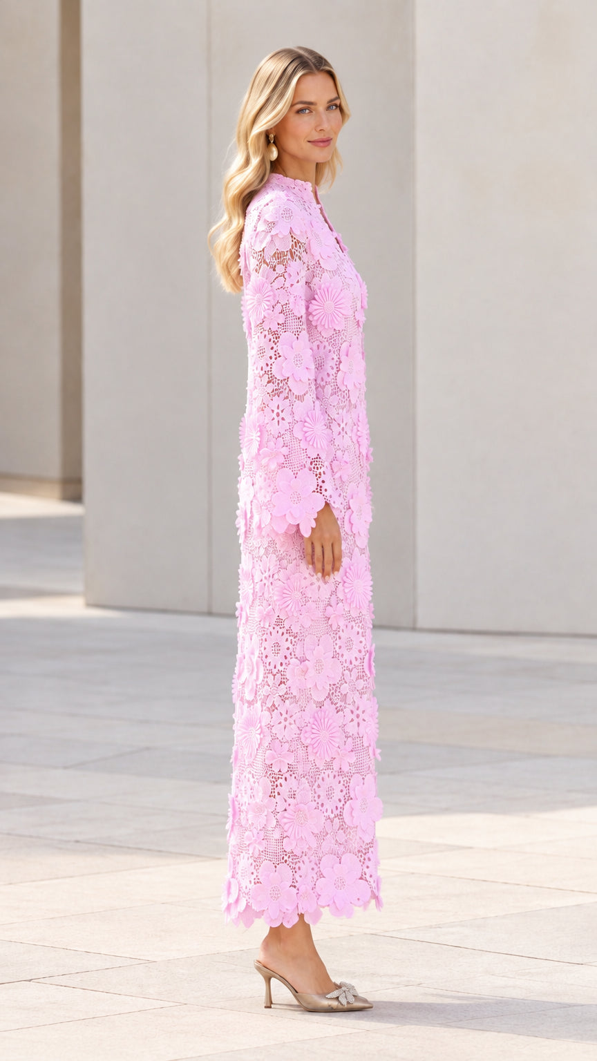 Side profile of woman in Light Pink embroidered lace maxi dress
