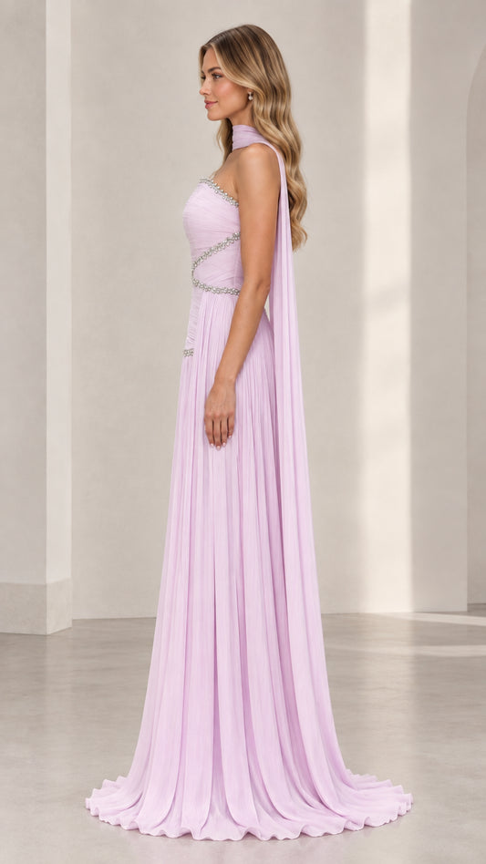 Side angle of lavender strapless evening gown showing flowing silhouette and cape detail