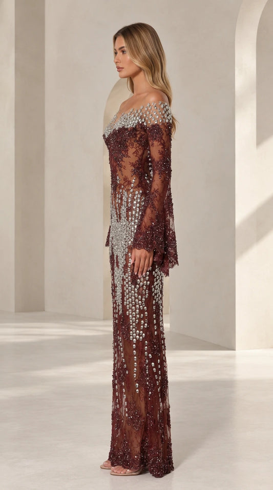 Burgundy long sleeve beaded maxi dress side profile view