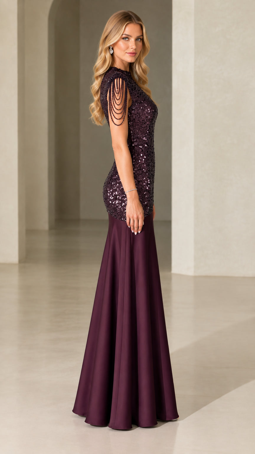 Side angle view of burgundy sequined mermaid formal dress