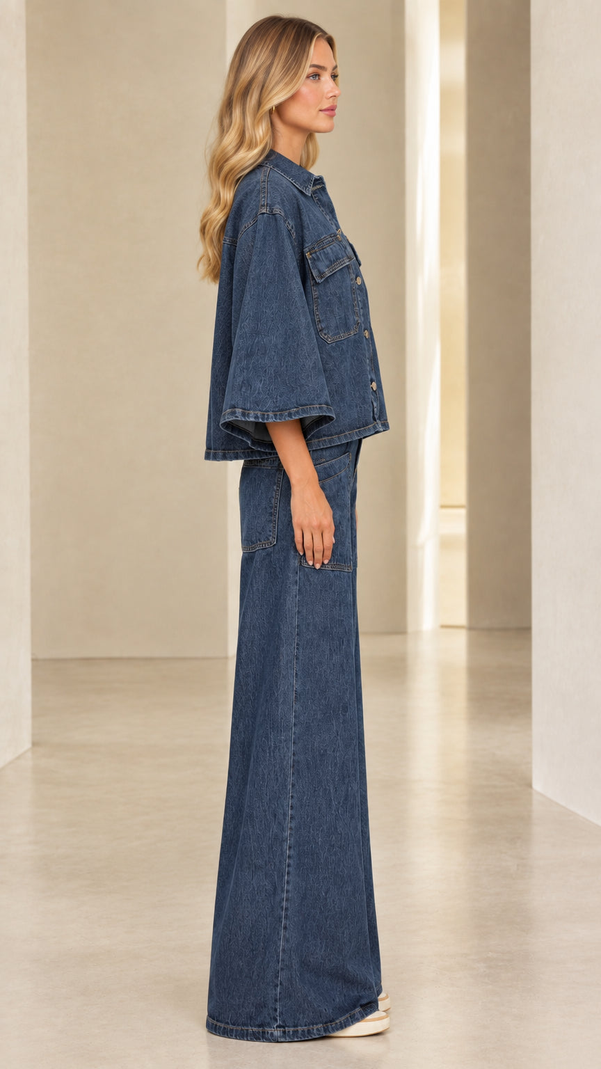 Side view of model wearing Denim Blue matching denim outfit