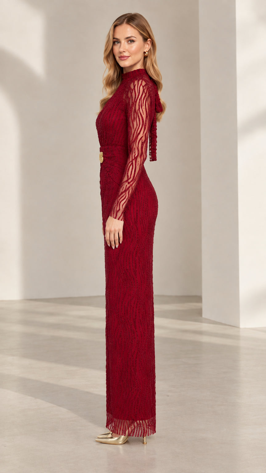 Burgundy long sleeve formal maxi dress side view
