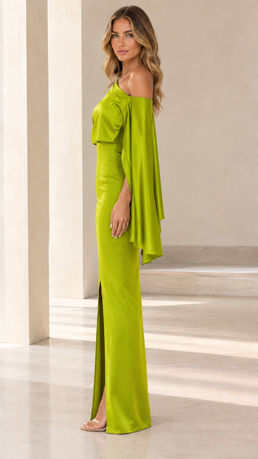 Side view of lime green one-shoulder satin capelet formal evening gown