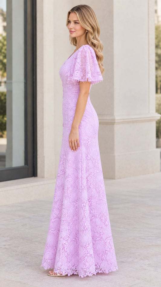 Side profile view of lavender V-neck floral lace formal evening gown