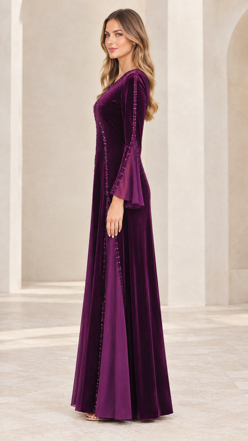 Side profile of purple embellished velvet maxi dress