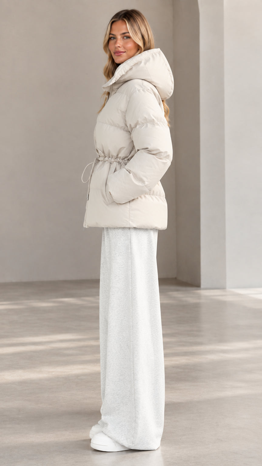 Side profile view of woman wearing off-white quilted puffer coat