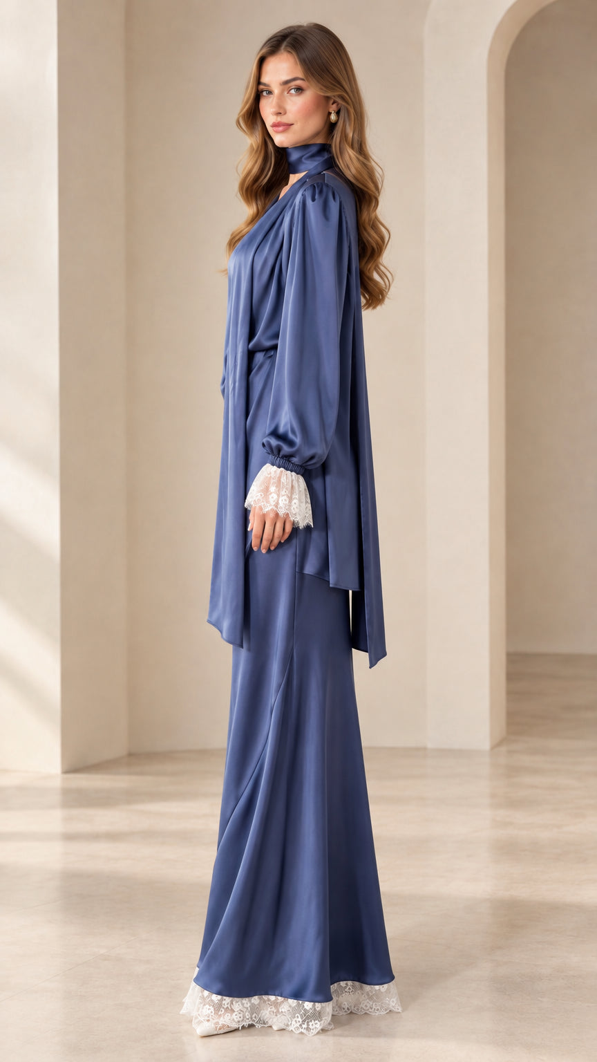 Side profile of woman wearing Dusty Blue satin maxi dress set with draped scarf collar