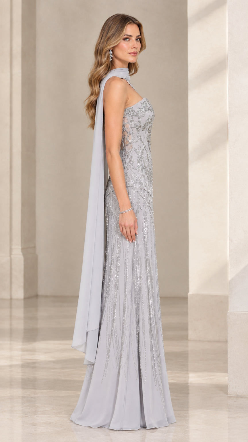 Side view of model wearing Silver Grey embellished formal evening dress