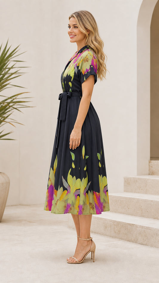 Side profile of woman wearing black floral button-front midi dress
