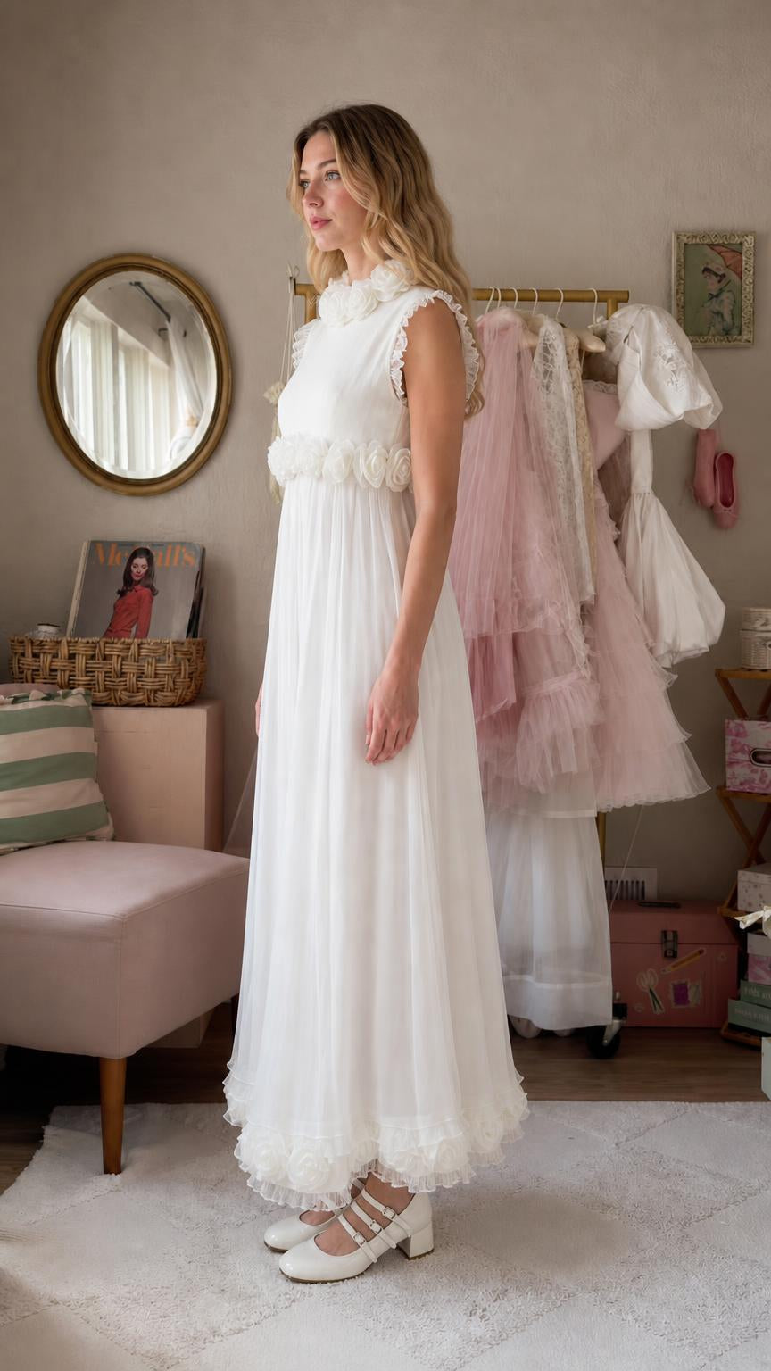 Side profile of woman wearing white pleated maxi dress