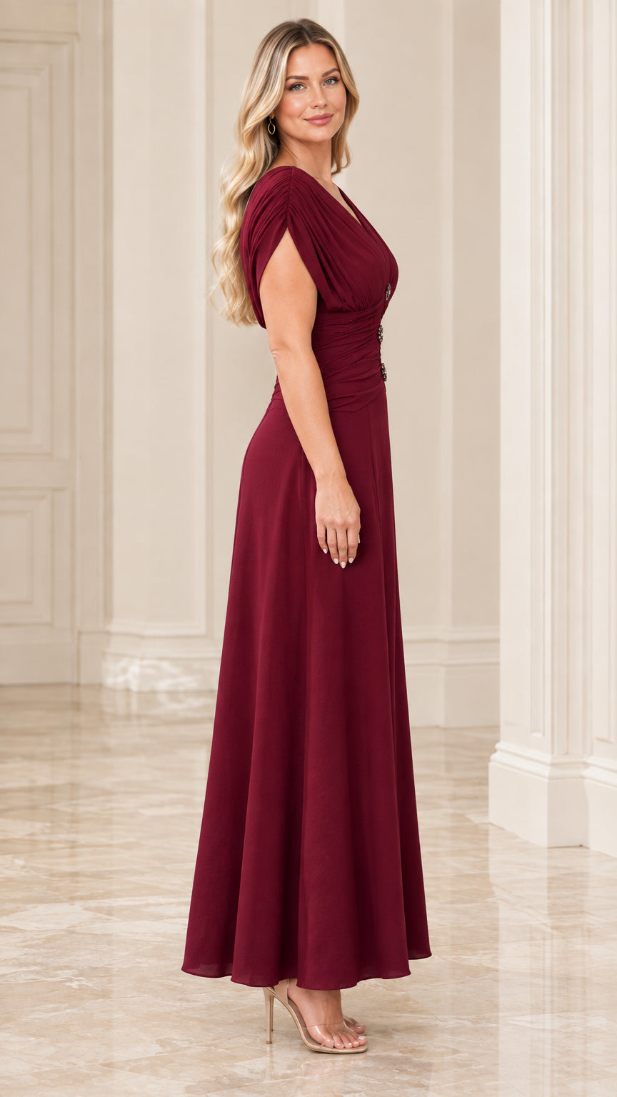 Side profile of elegant burgundy A-line formal maxi dress