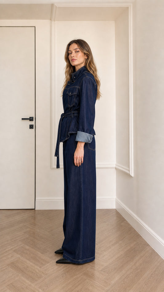 Side profile view of dark denim matching set