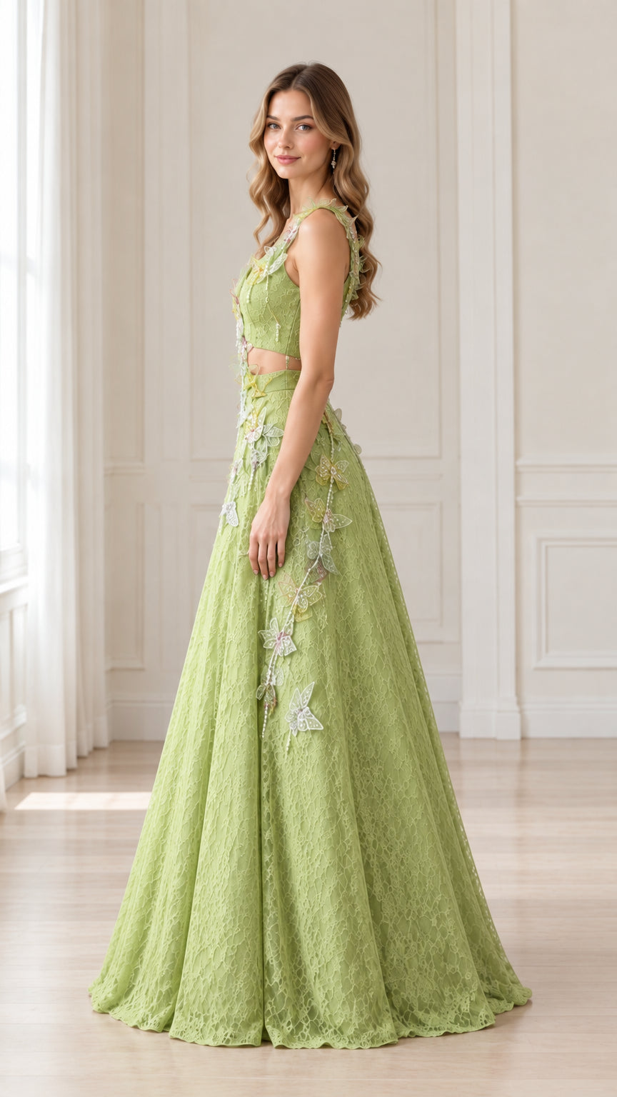 Side profile of woman in Sage Green lace cutout maxi dress with butterfly appliqués