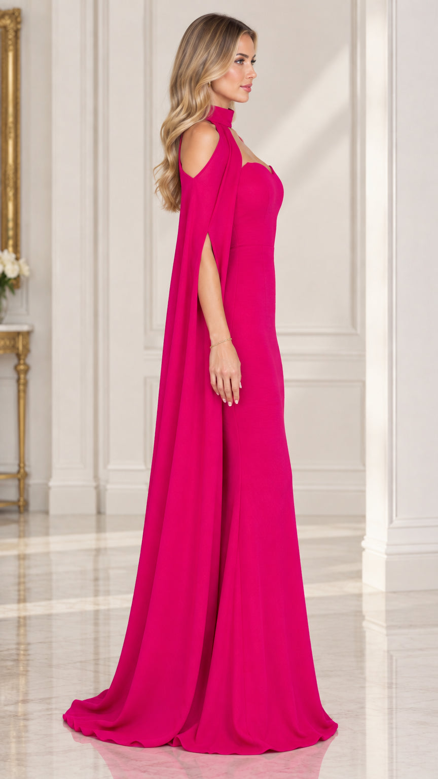 Side angle view of woman in fuchsia cape sleeve formal maxi dress