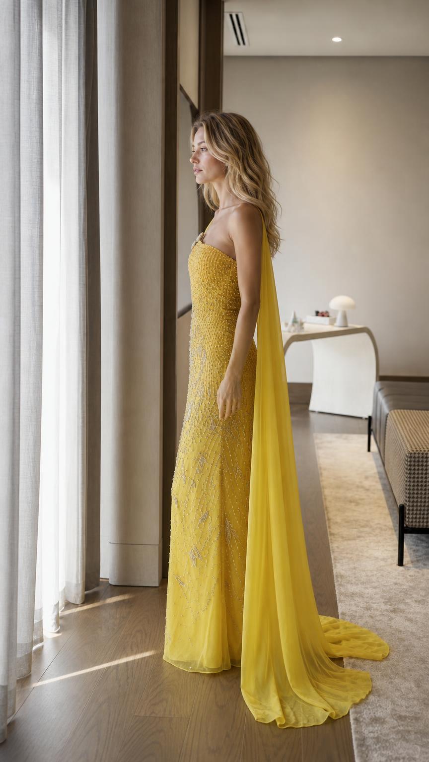Side profile view of yellow evening gown