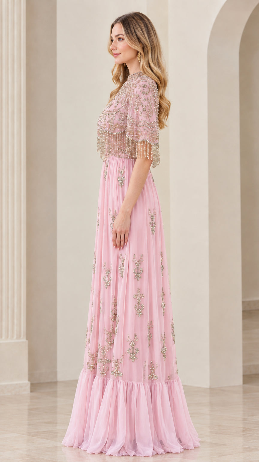 Blush Pink High Neck Beaded Gown Side View