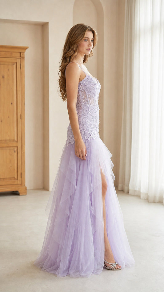 Side profile of model in lavender tiered tulle evening dress