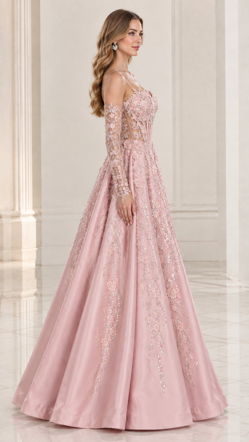 Side profile of Blush Pink floor-length formal evening gown