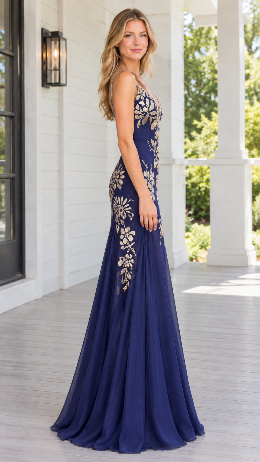 Side view of navy blue floor-length embroidered formal dress