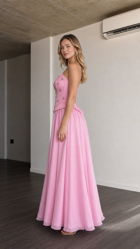 Side view of pink formal gown