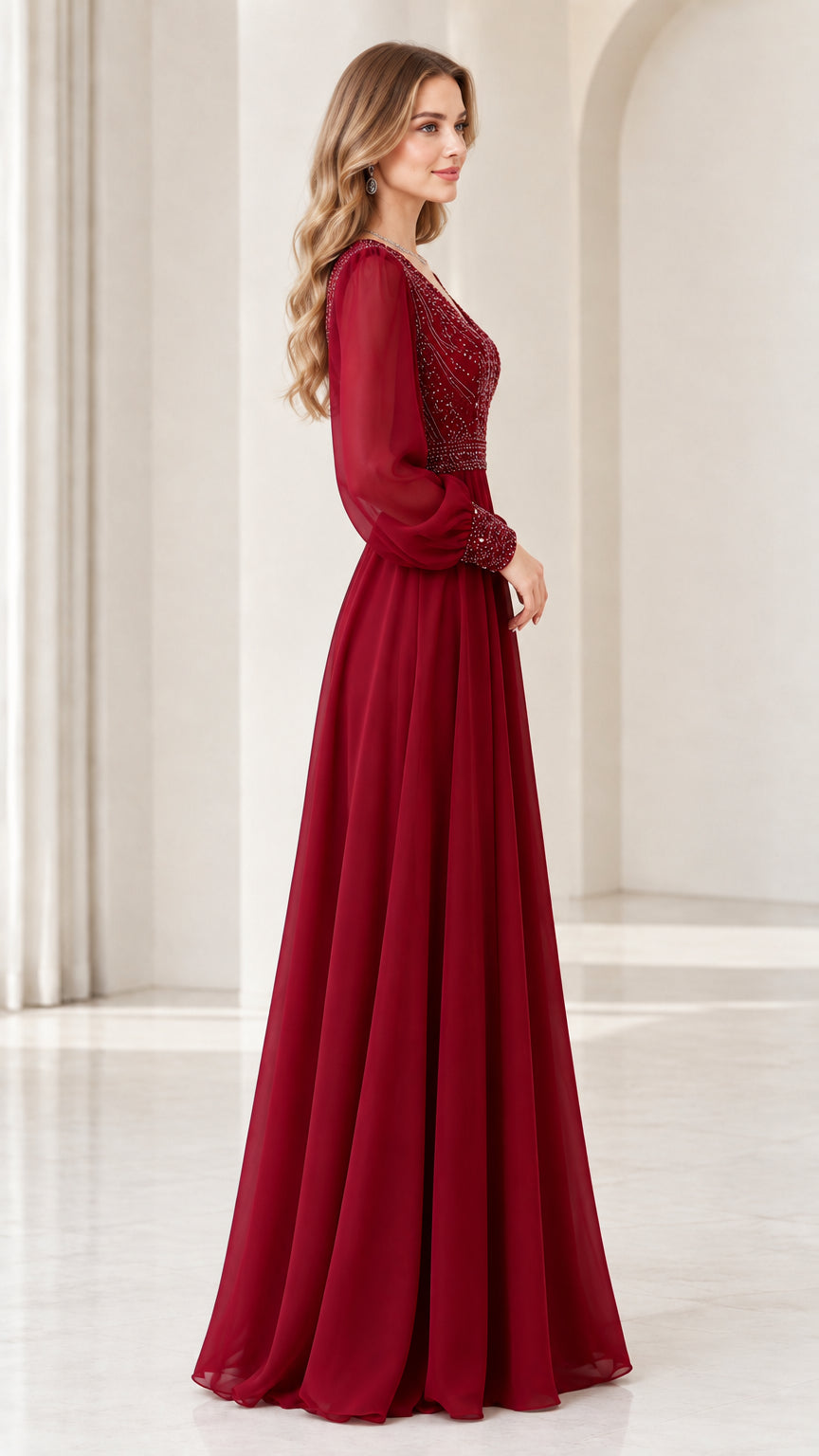 Side view of burgundy beaded bodice maxi formal dress with bishop sleeves