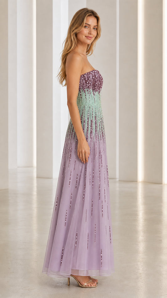 Side view of model in lavender sequin gown