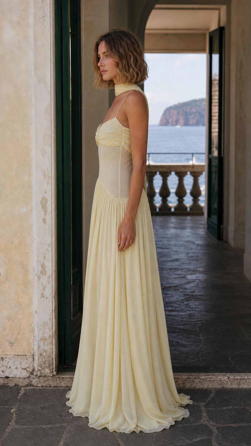 Side profile view of Lemon Yellow chiffon maxi dress