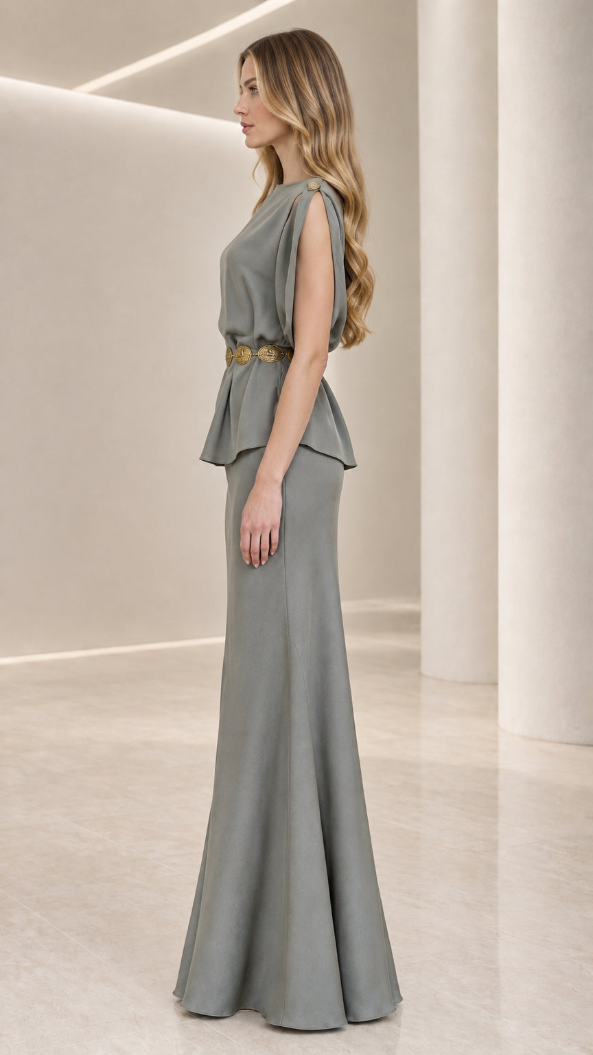 Sage green peplum maxi dress side profile view
