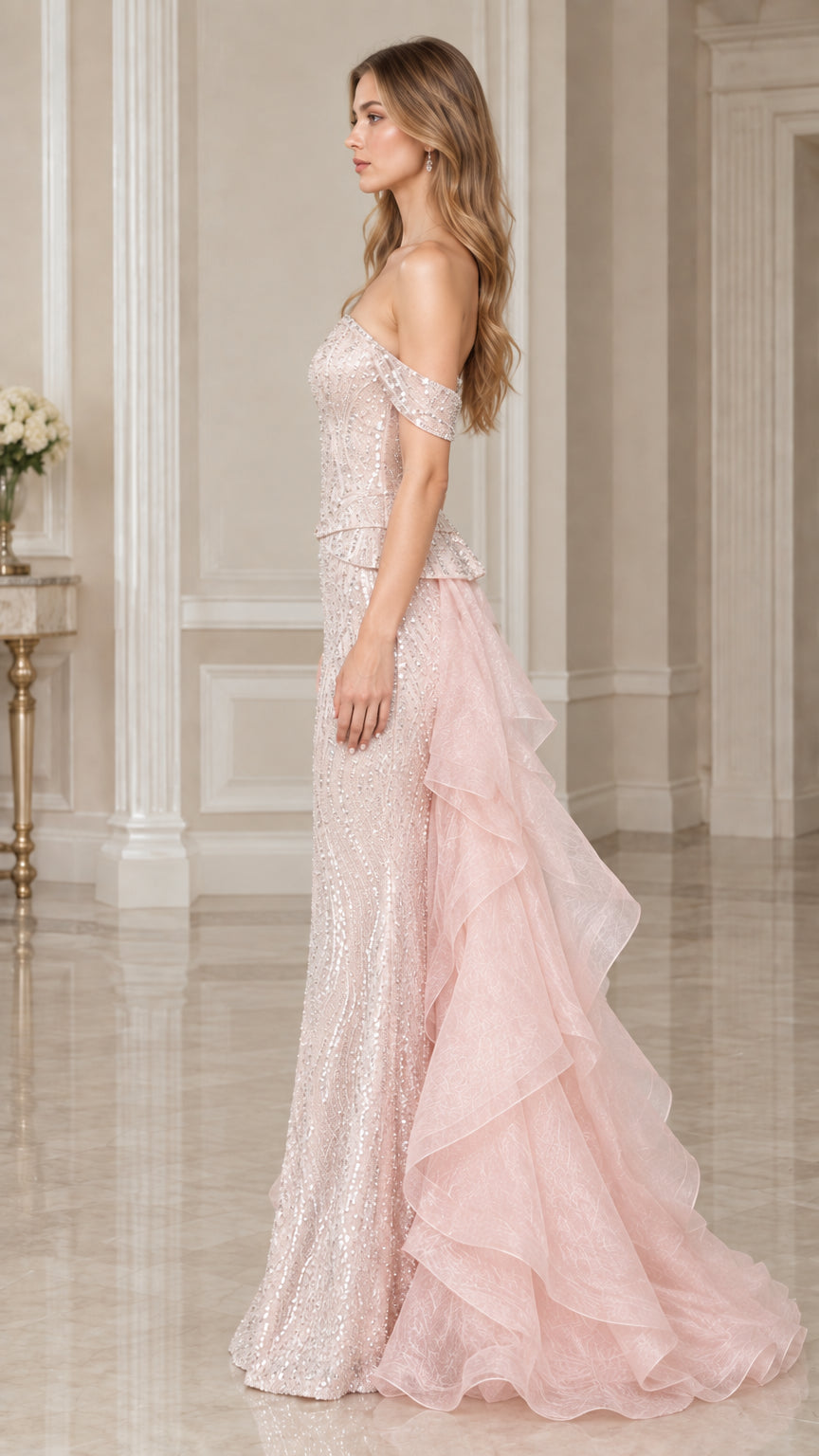 Side view of model wearing Blush Pink sequined formal evening dress showing tiered ruffle detail