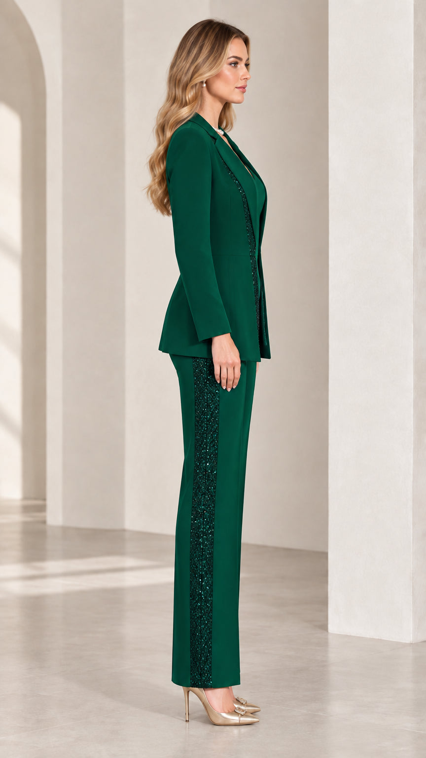 Side profile of woman in emerald green sequin embellished blazer and pants