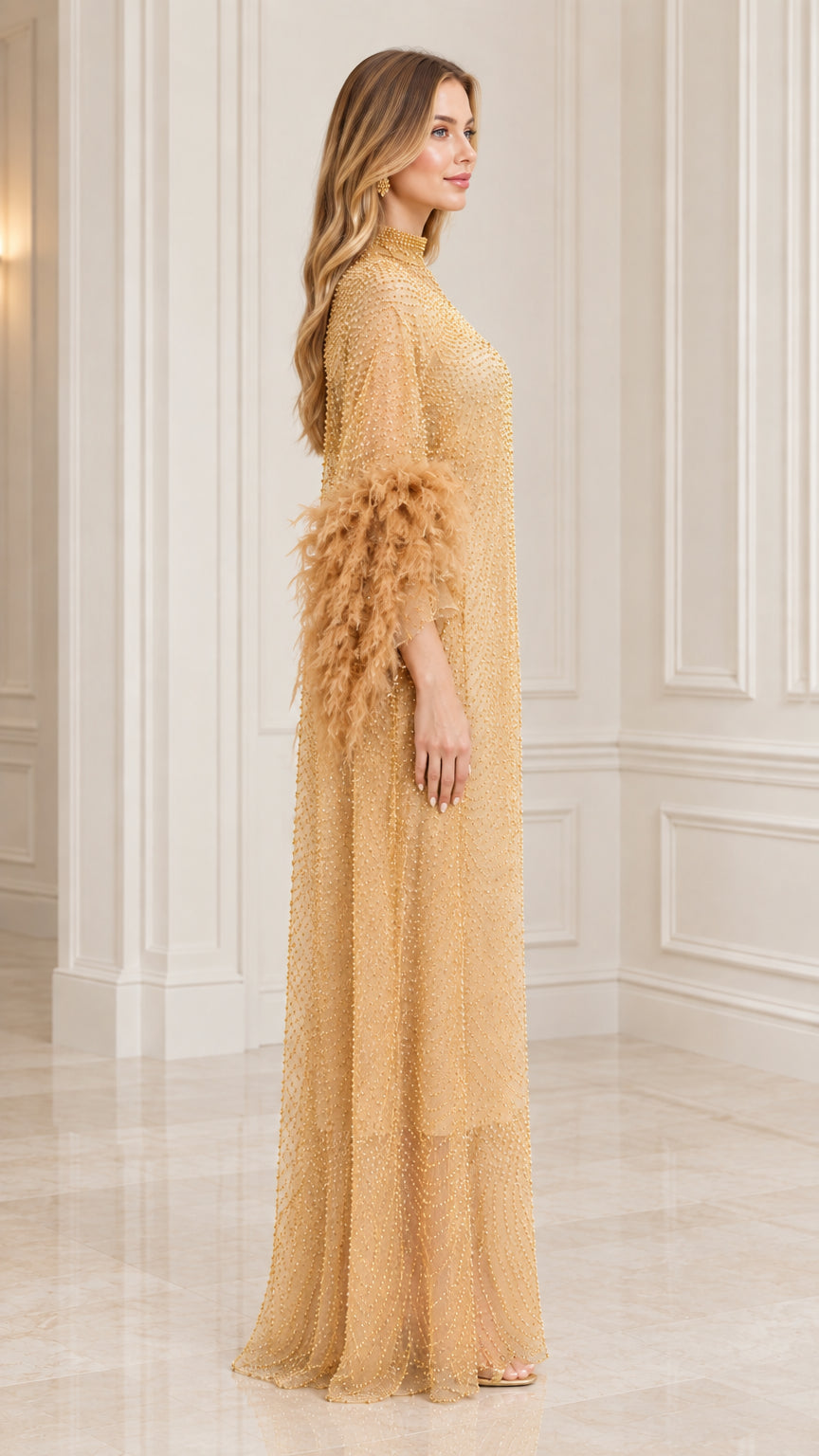 Side profile of Champagne Gold sequin embellished evening cape gown