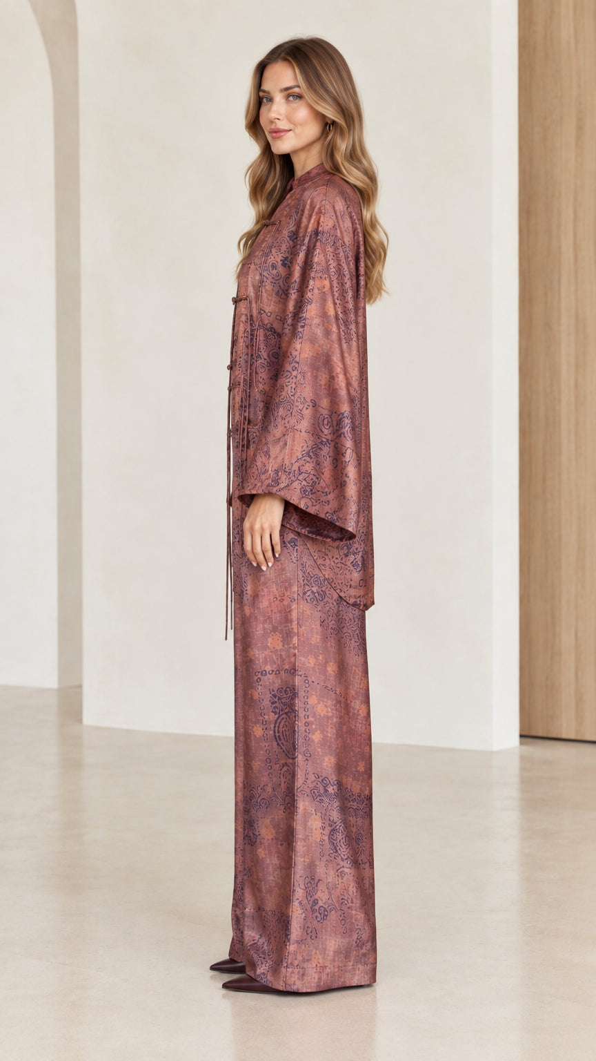 Side profile view of model wearing Dusty Mauve two-piece matching set