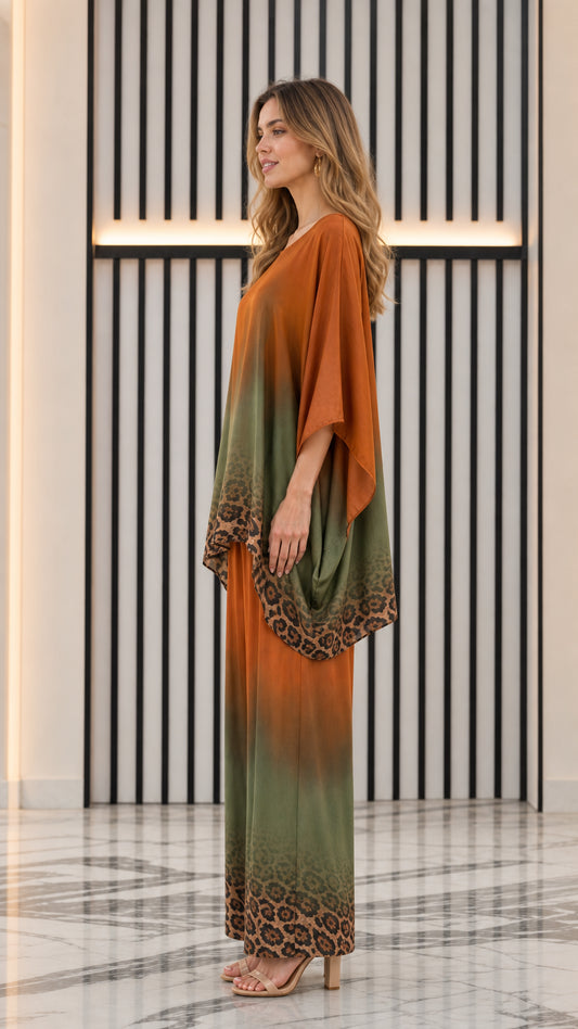 Side profile of rust and olive ombre pant set