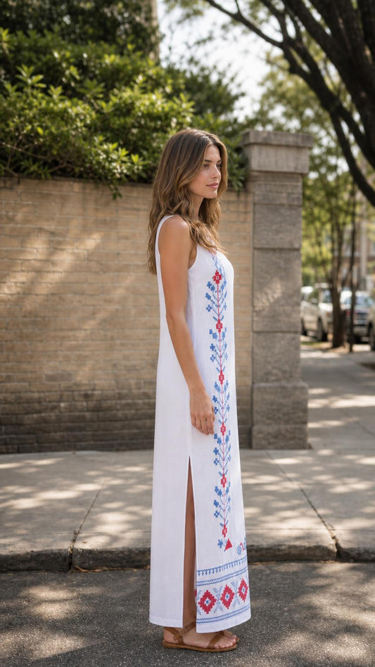 Side profile view of woman in white embroidered maxi dress showing side slit