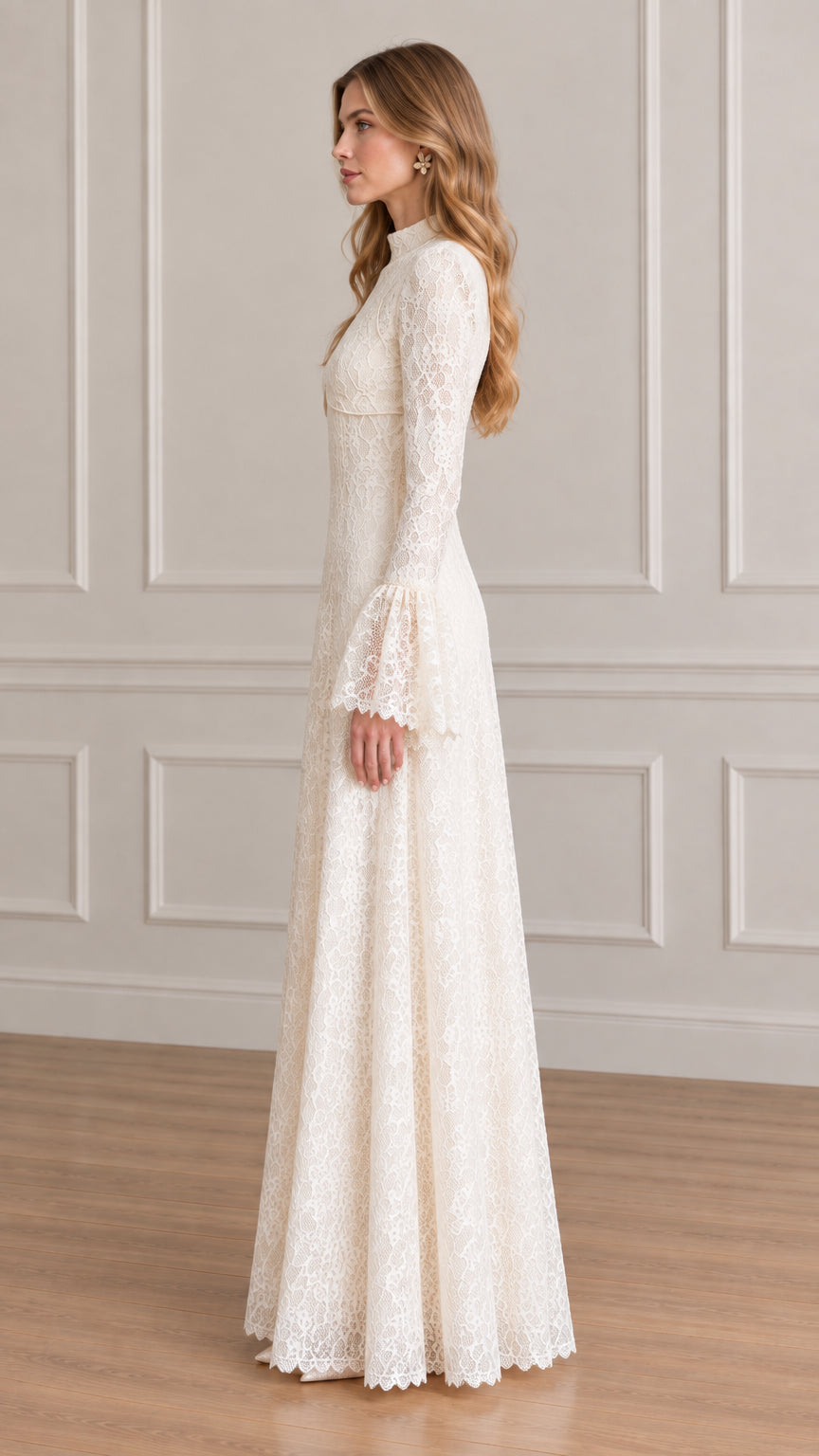 Side profile view of ivory floral lace long sleeve evening gown