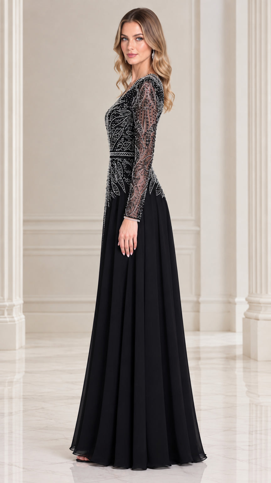 Side profile of model in black long sleeve embellished maxi formal dress