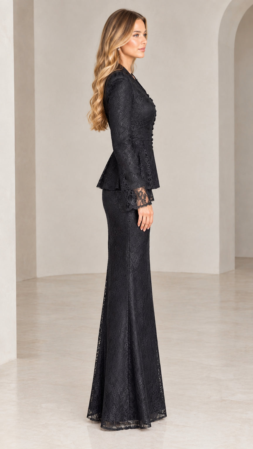 Side profile view of woman modeling black lace two-piece peplum formal skirt suit