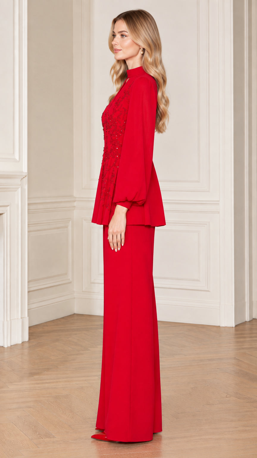 Red two-piece formal pant suit side profile view
