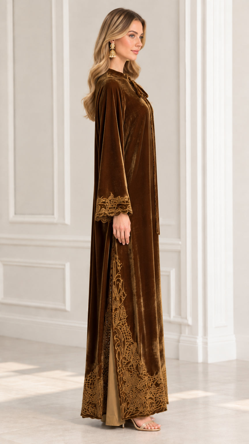 Side profile view of Bronze Brown velvet kaftan dress with hem embroidery