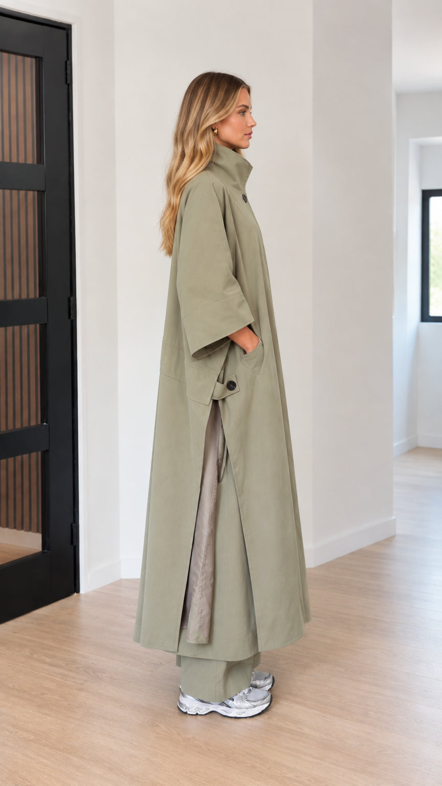 Side profile view of woman wearing sage green longline cape coat with side slit