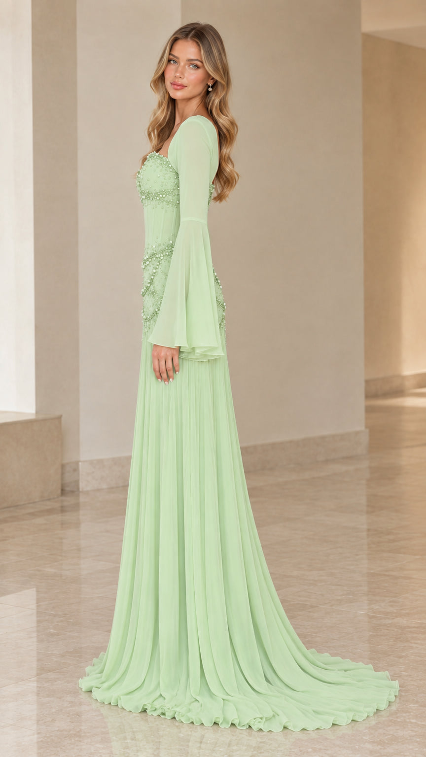 Mint green long sleeve formal gown side profile view