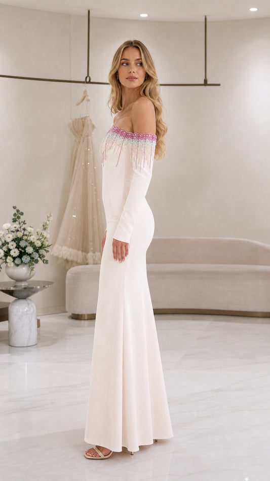 Ivory off-the-shoulder long sleeve gown - side profile