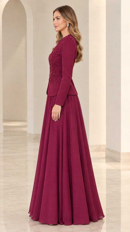 Side profile of burgundy formal maxi dress showing structured peplum fit